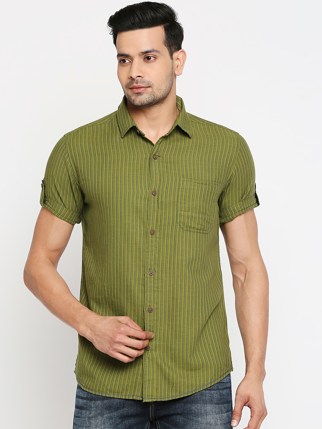 

Mufti Men Olive Green Slim Fit Striped Casual Shirt