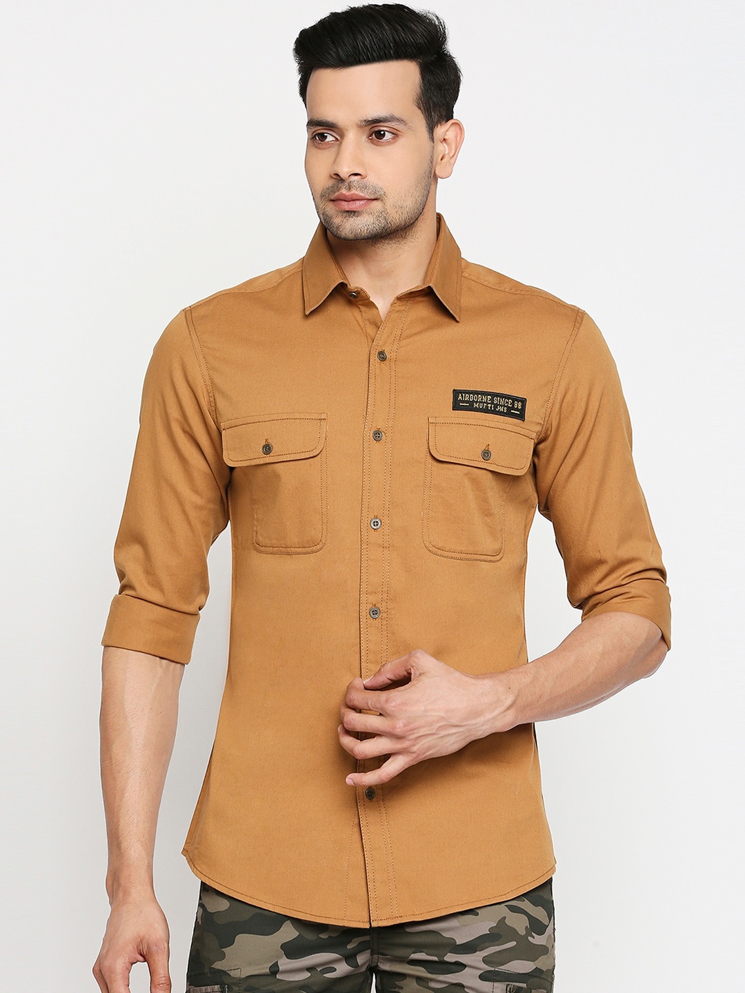 

Mufti Men Khaki Slim Fit Solid Casual Shirt