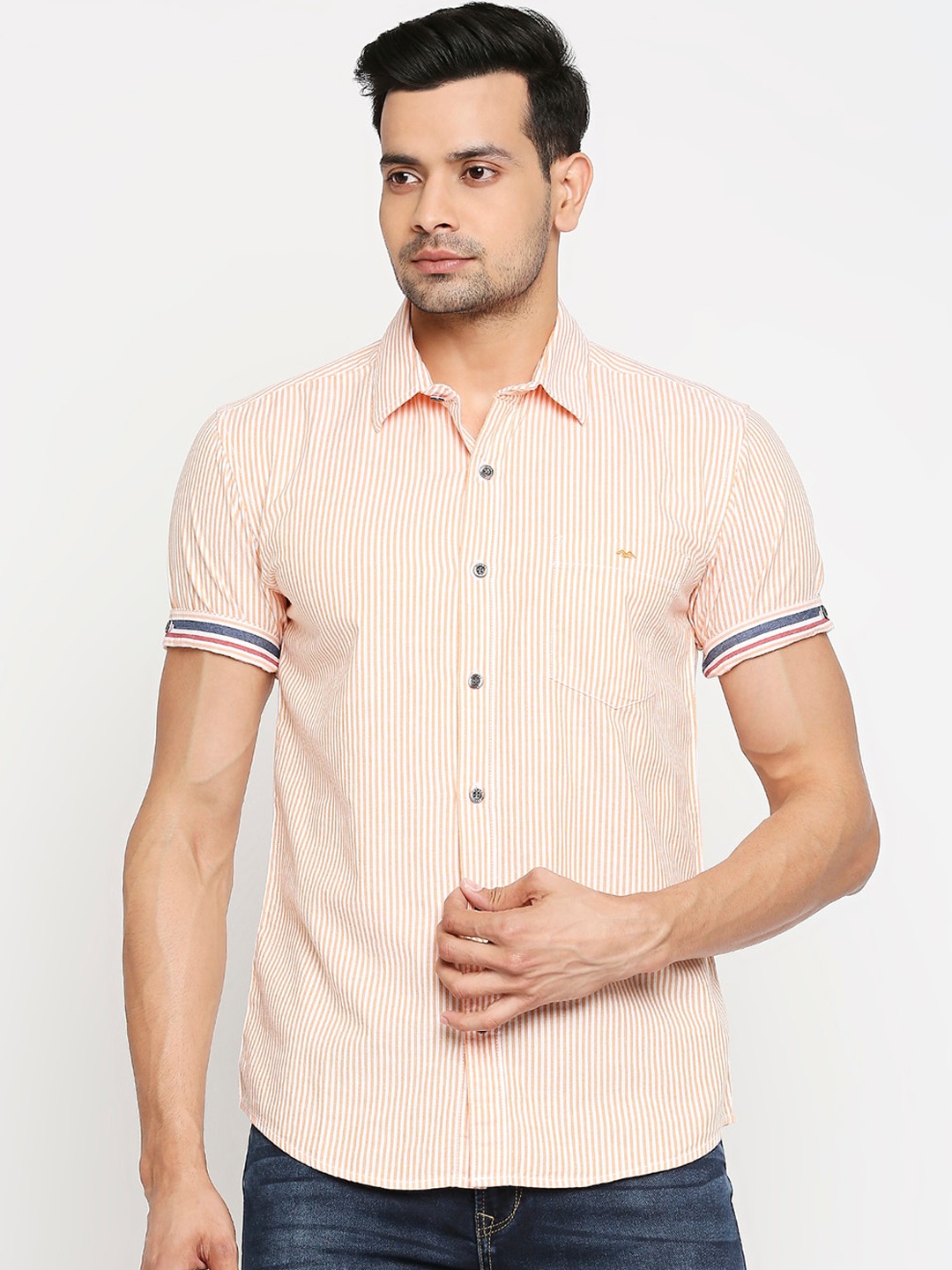 

Mufti Men Peach Coloured & White Pure Cotton Slim Fit Striped Casual Shirt