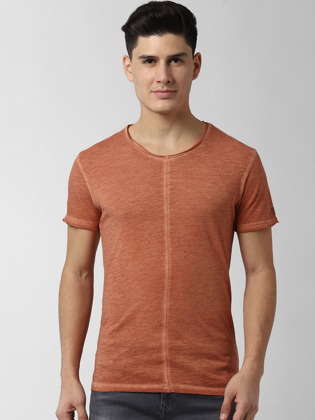 

Peter England Casuals Men Rust Orange Slim Fit Solid Round Neck T-shirt