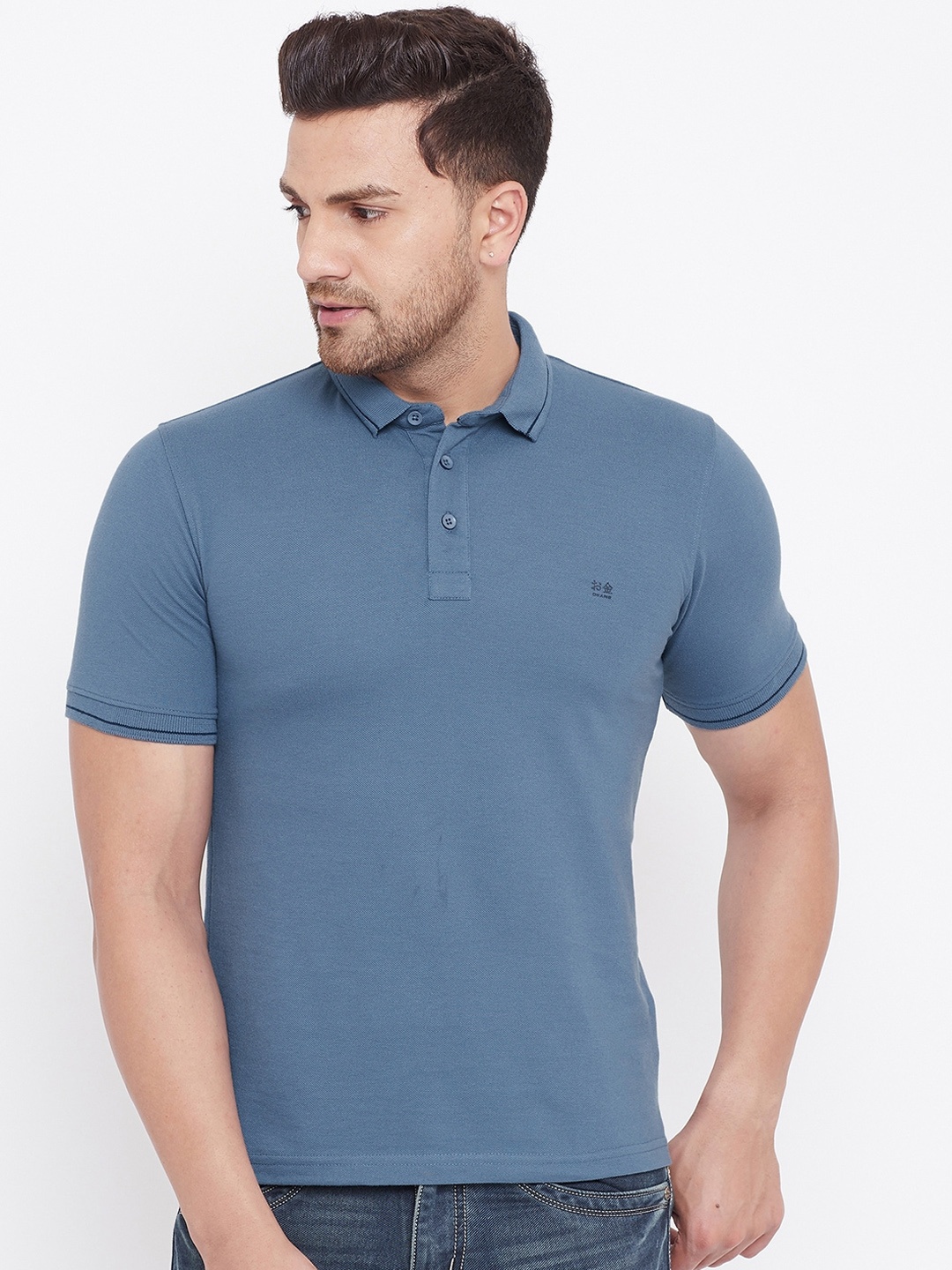 

Okane Men Blue Solid Cotton Polo Collar T-shirt