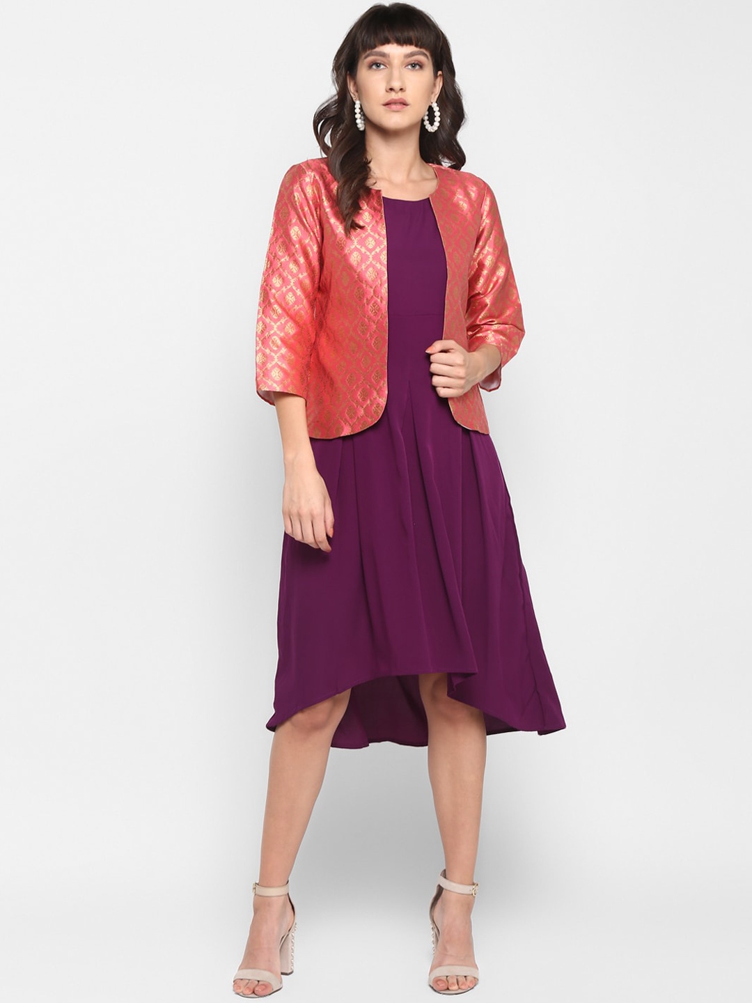 

Hangup Women Pink & Gold Ethnic Motifs Woven Design Open Front Jacket