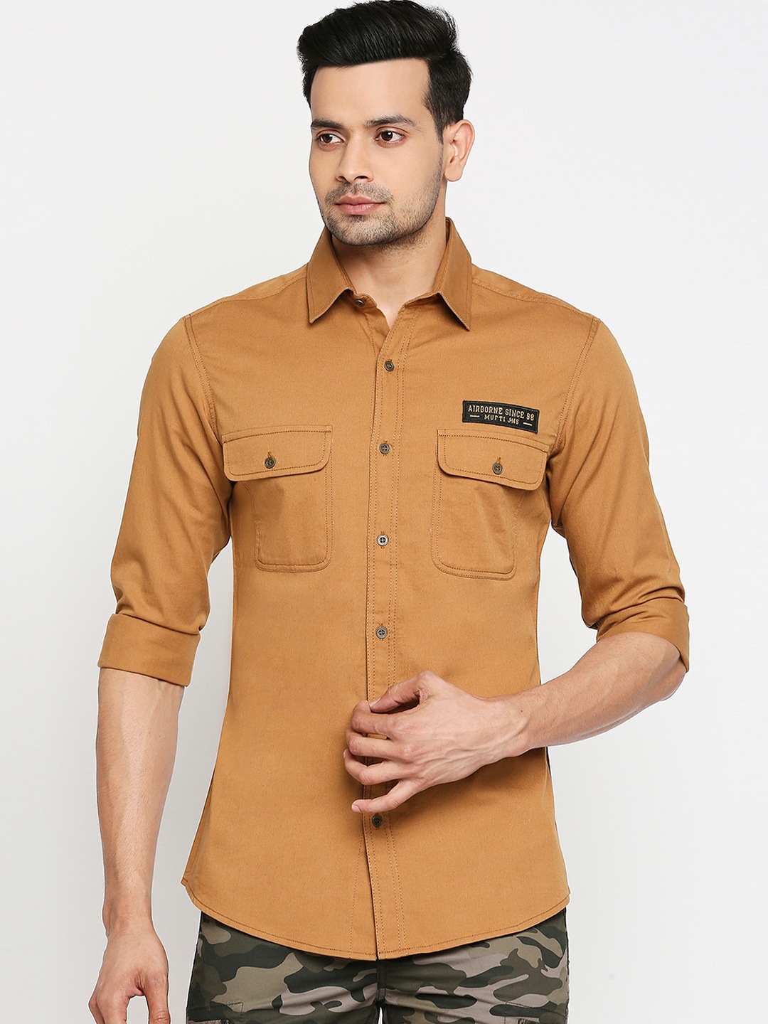 

Mufti Men Khaki Slim Fit Solid Casual Shirt