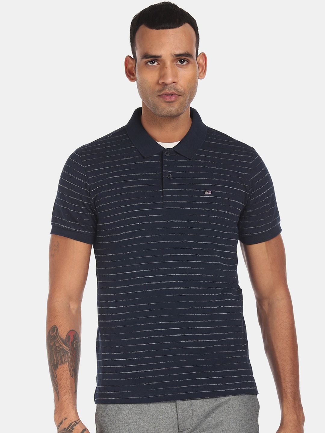 

Arrow Sport Men Navy Blue Striped Polo Collar T-shirt