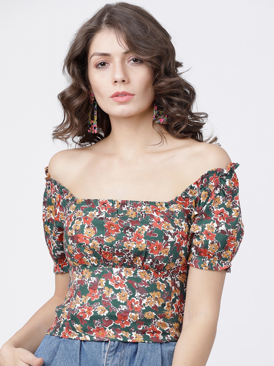

Tokyo Talkies Green & Orange Floral Printed Off-Shoulder Bardot Crop Top