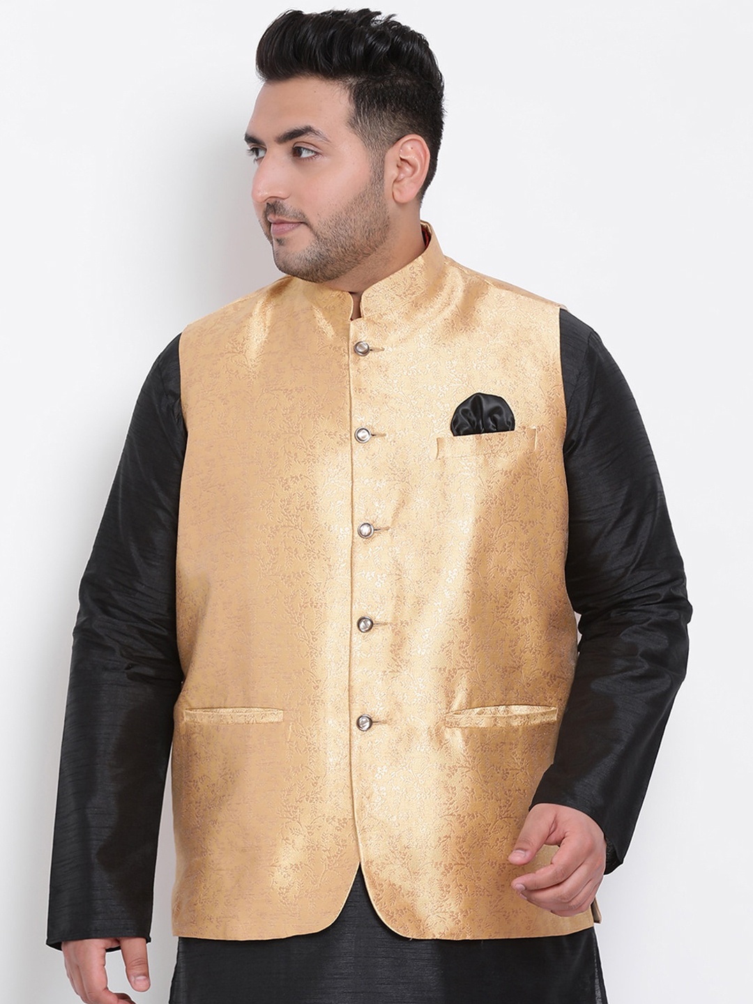 Hangup Men Gold-Coloured Woven Design Nehru Jacket