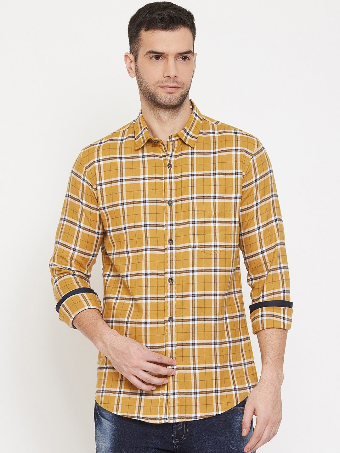 

Octave Men Mustard Yellow & Navy Blue Regular Fit Checked Casual Shirt