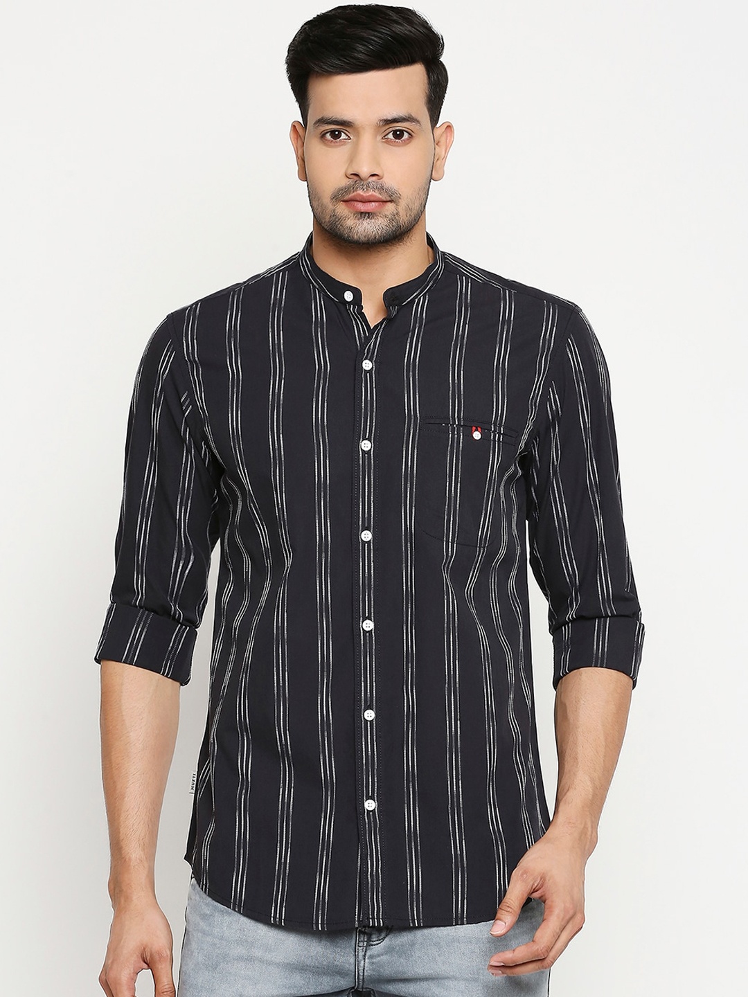

Mufti Men Black Slim Fit Striped Pure Cotton Casual Shirt