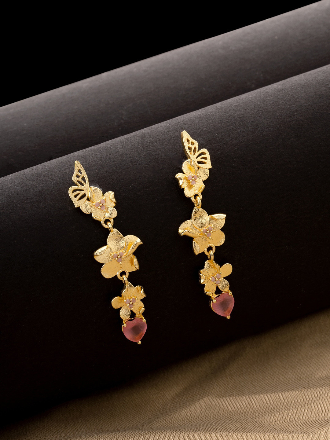 

Voylla Gold-Plated & Pink Stone Studded Floral Drop Earrings