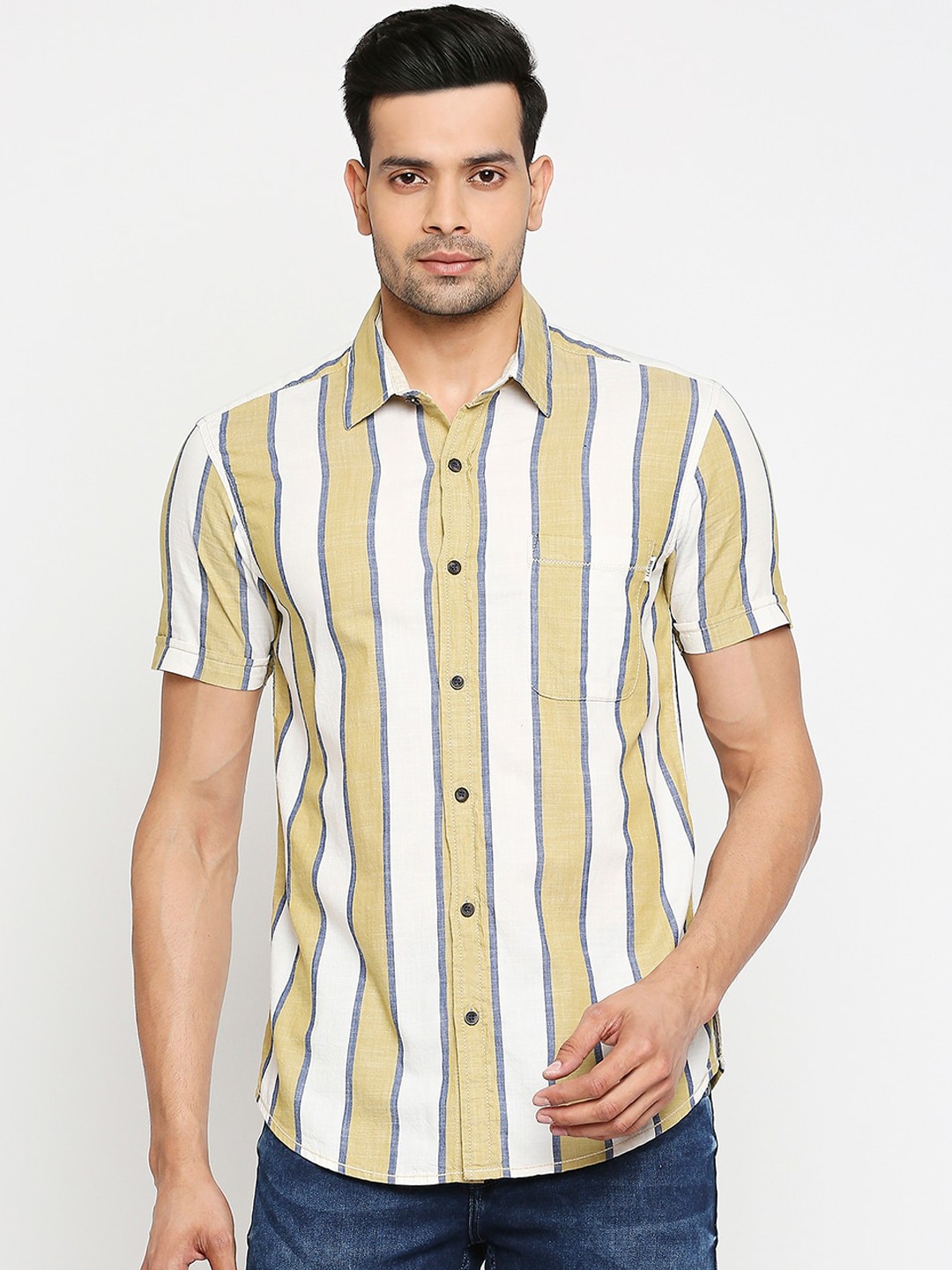 Mufti Men Off-White & Beige Slim Fit Striped Casual Shirt