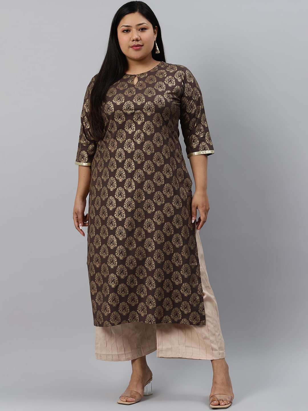 

EXTRA LOVE BY LIBAS Women Plus Size Taupe Ethnic Motifs Printed Cotton Kurta