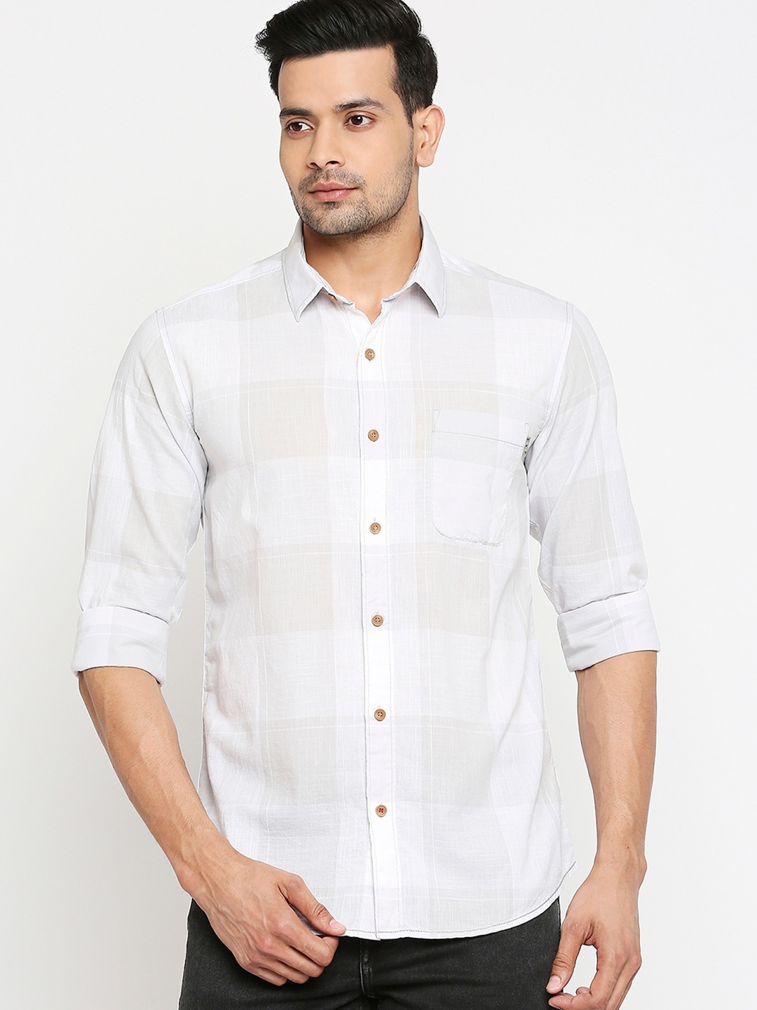 

Mufti Men Grey & Off-White Slim Fit Checked Casual Shirt