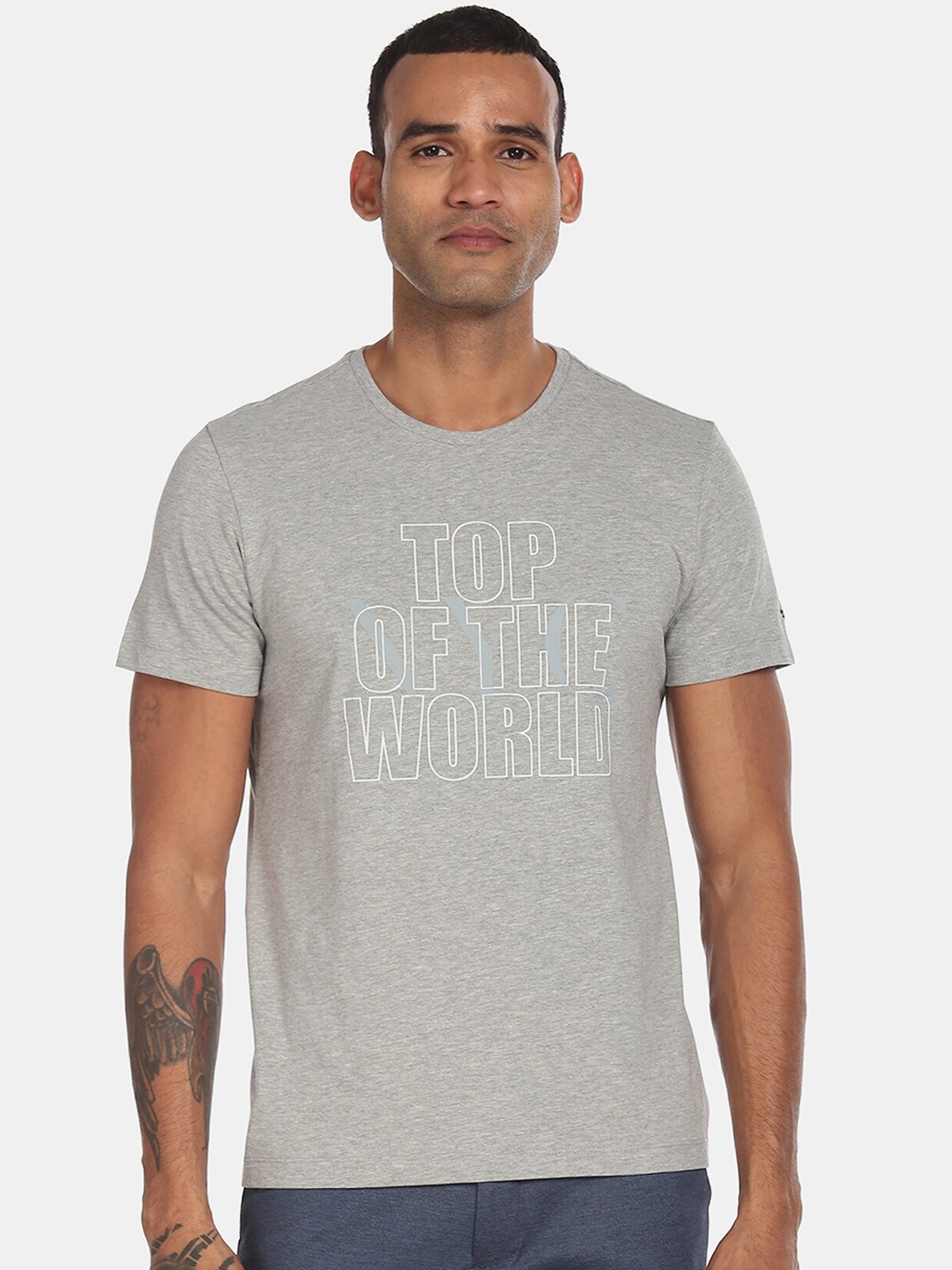 

Arrow New York Men Grey Melange & White Typographic Print Round Neck T-shirt