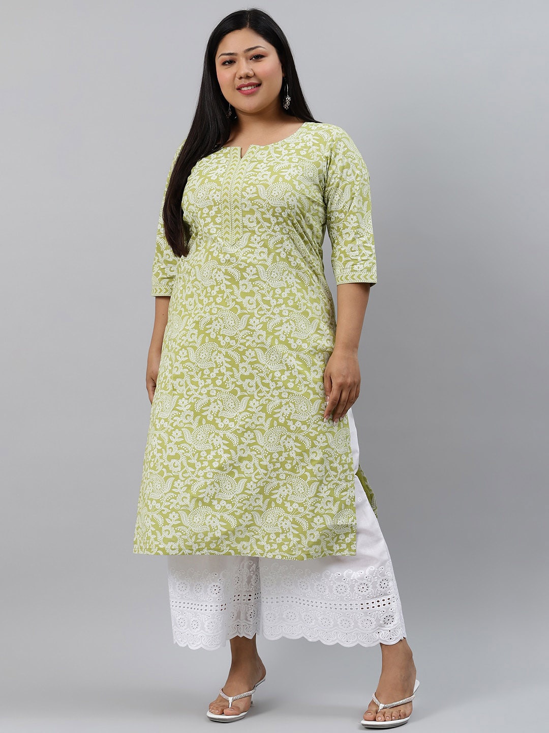 

EXTRA LOVE BY LIBAS Women Plus Size Green Paisley Printed Cotton Kurta