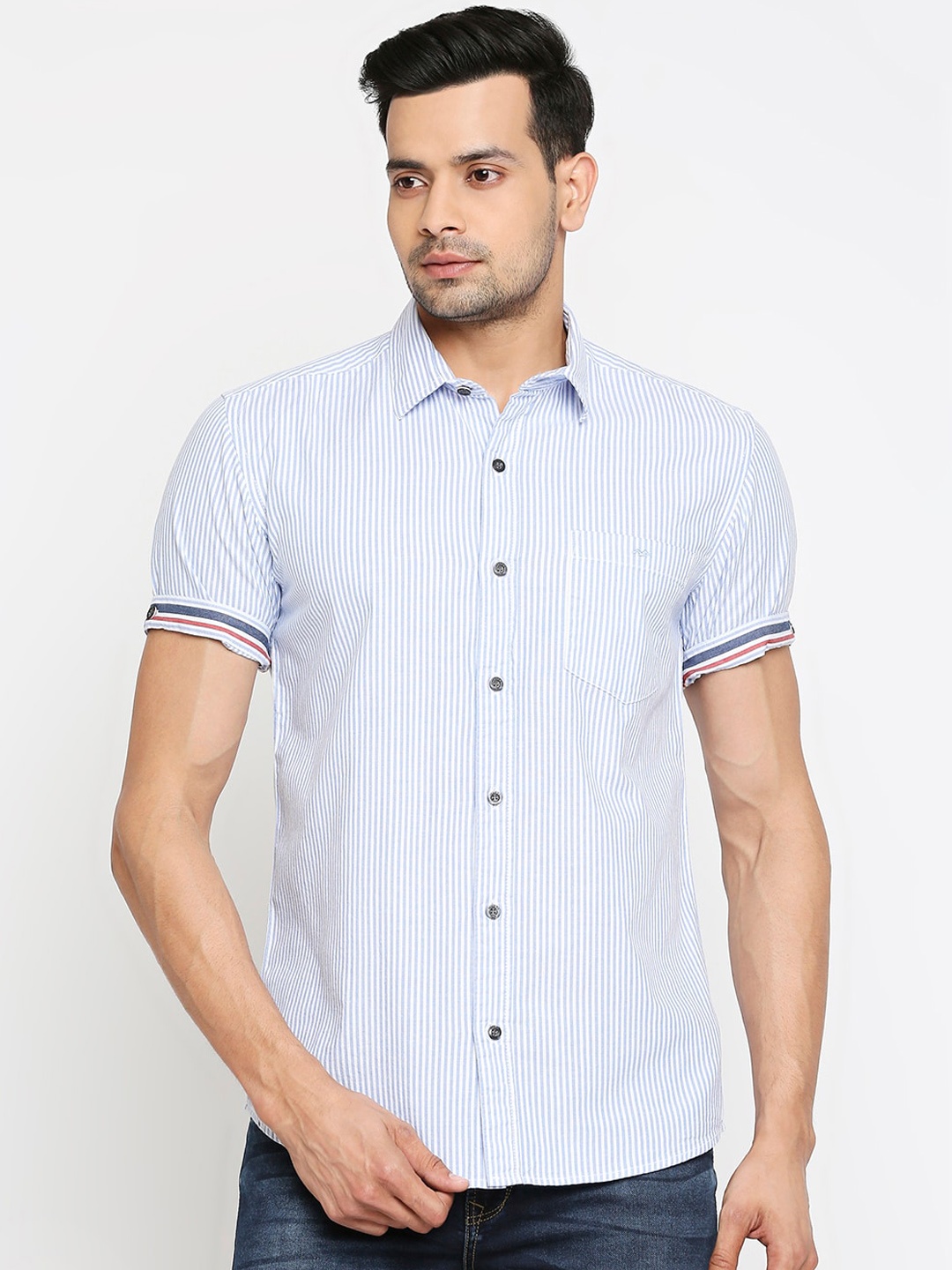 

Mufti Men Blue & White Slim Fit Pure Cotton Striped Casual Shirt