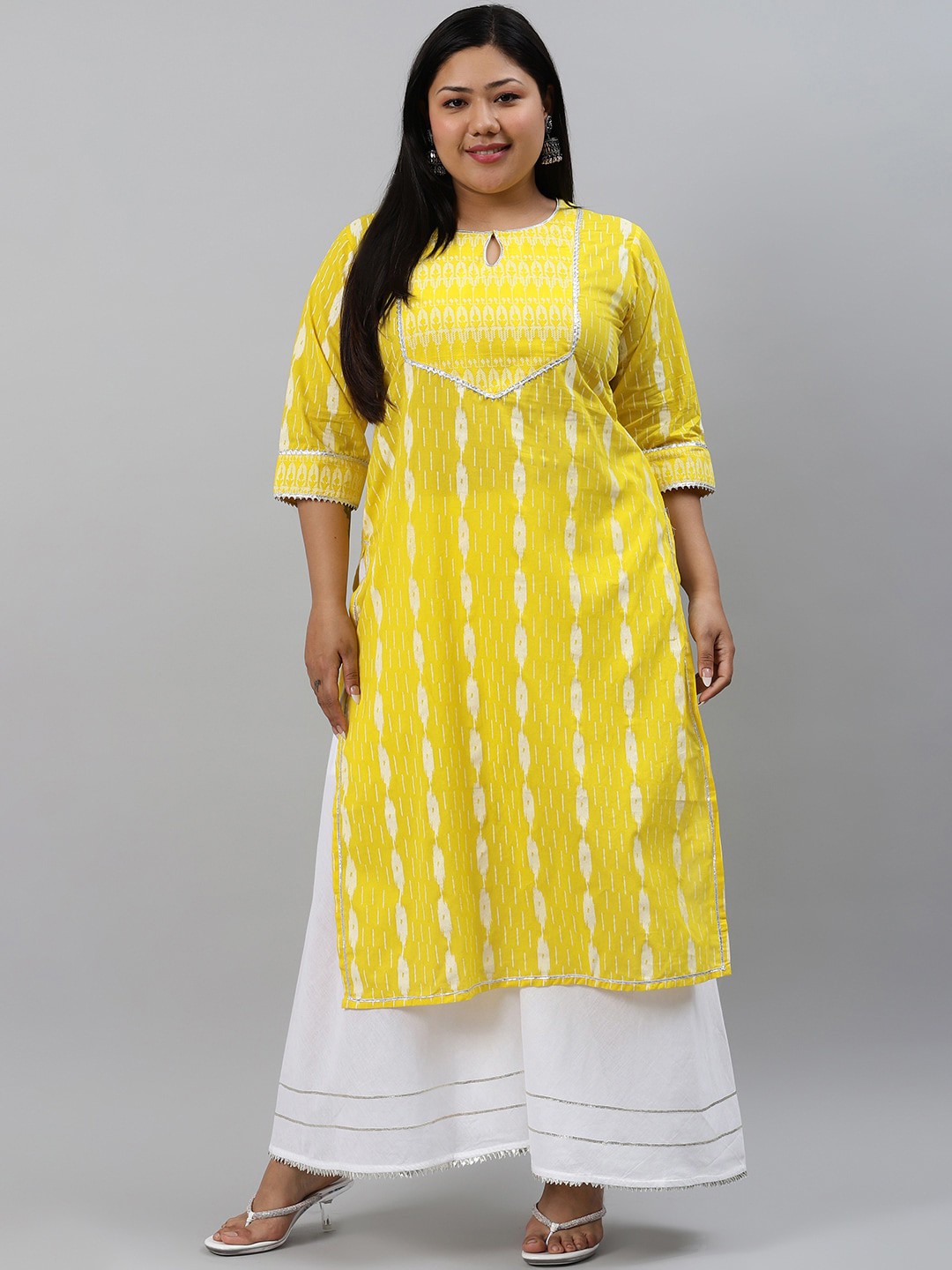 

EXTRA LOVE BY LIBAS Women Plus Size Yellow Printed Keyhole Neck Kurta