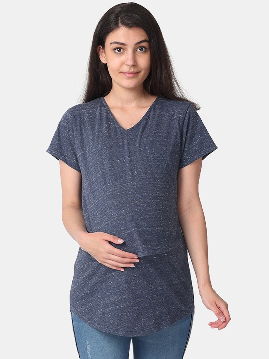 

The Mom Store Navy Blue Melange Effect Pure Cotton Maternity Top