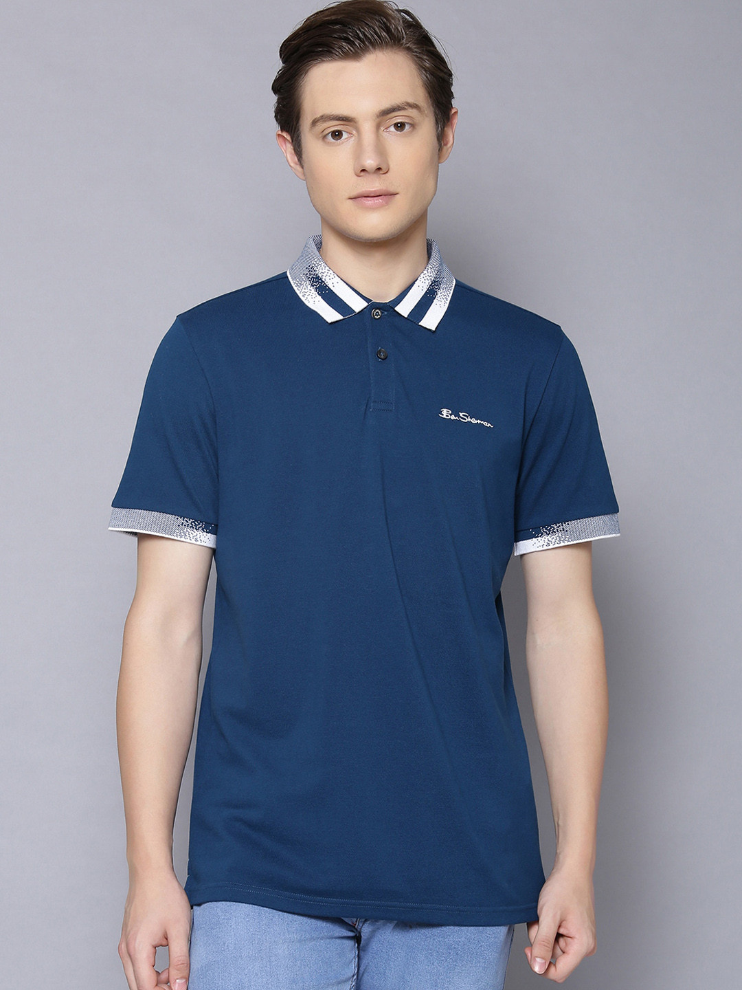 

BEN SHERMAN Men Navy Blue Pure Cotton Solid Polo Collar Pure Cotton T-shirt