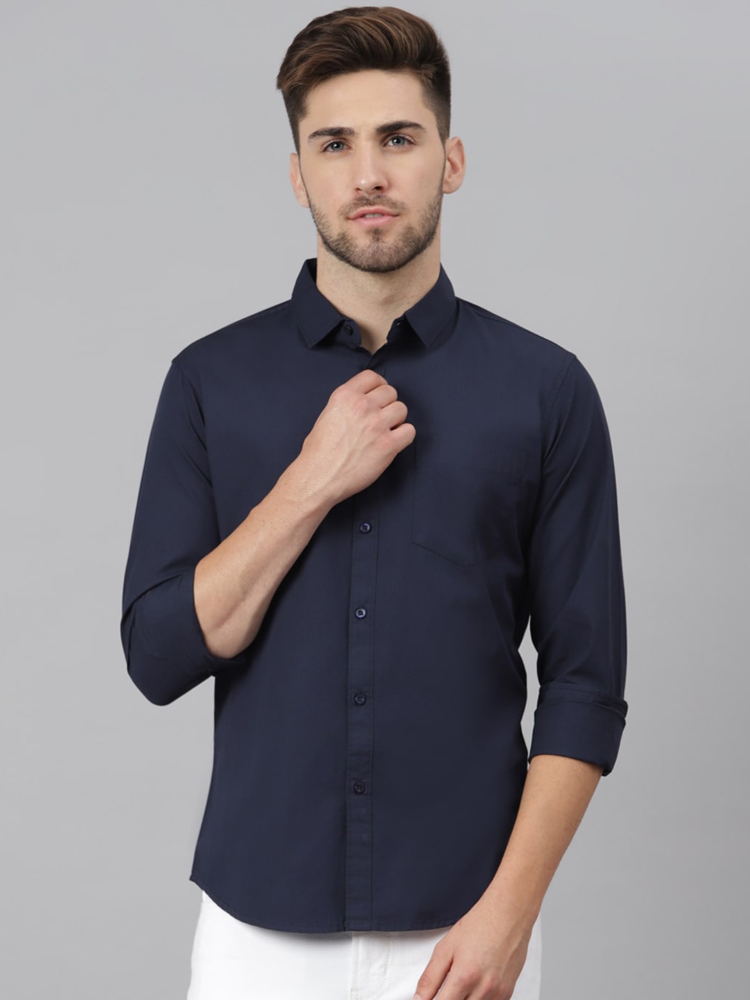 Dennis Lingo Men Navy Blue Cotton Slim Fit Solid Casual Shirt