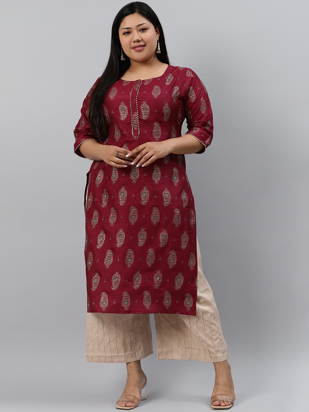 

EXTRA LOVE BY LIBAS Women Plus Size Maroon & Blue Paisley Printed Silk Kurta