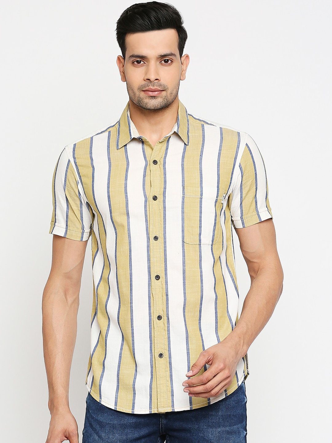 

Mufti Men Off-White & Beige Slim Fit Striped Pure Cotton Casual Shirt