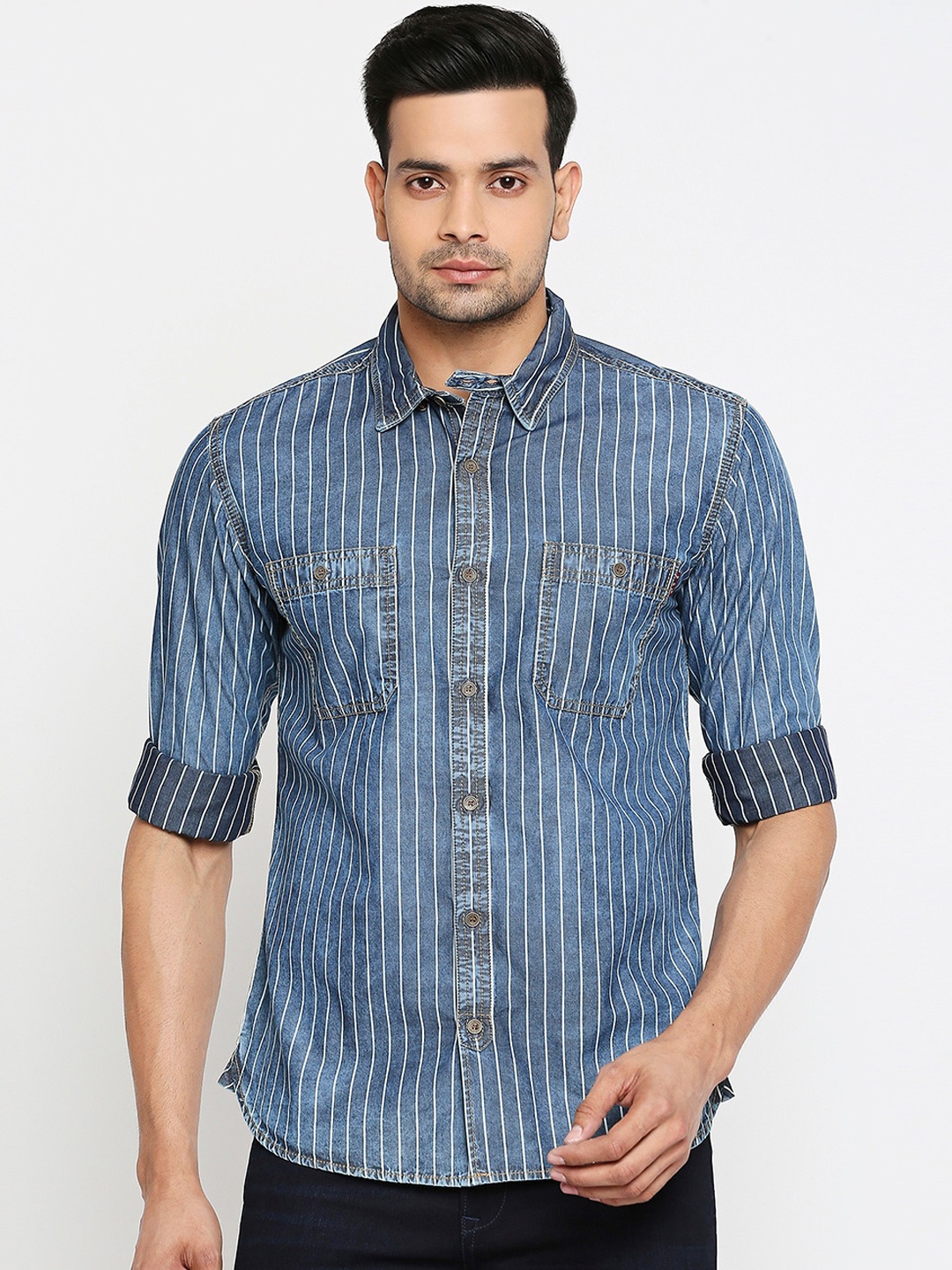 

Mufti Men Blue Slim Fit Striped Pure Cotton Casual Shirt