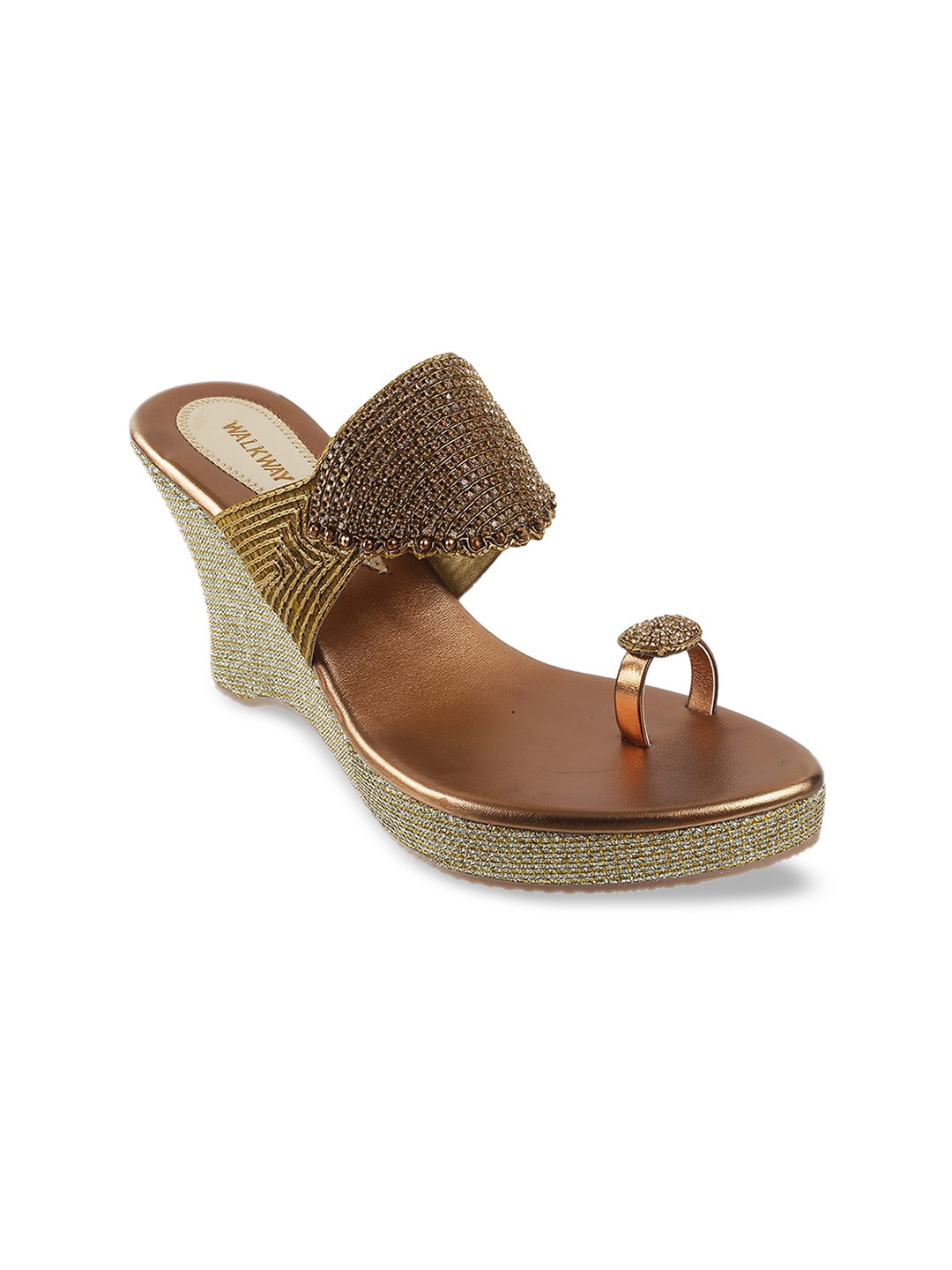 

WALKWAY by Metro Women Bronze-Toned & Gold-Toned Ethnic Embellished Wedges