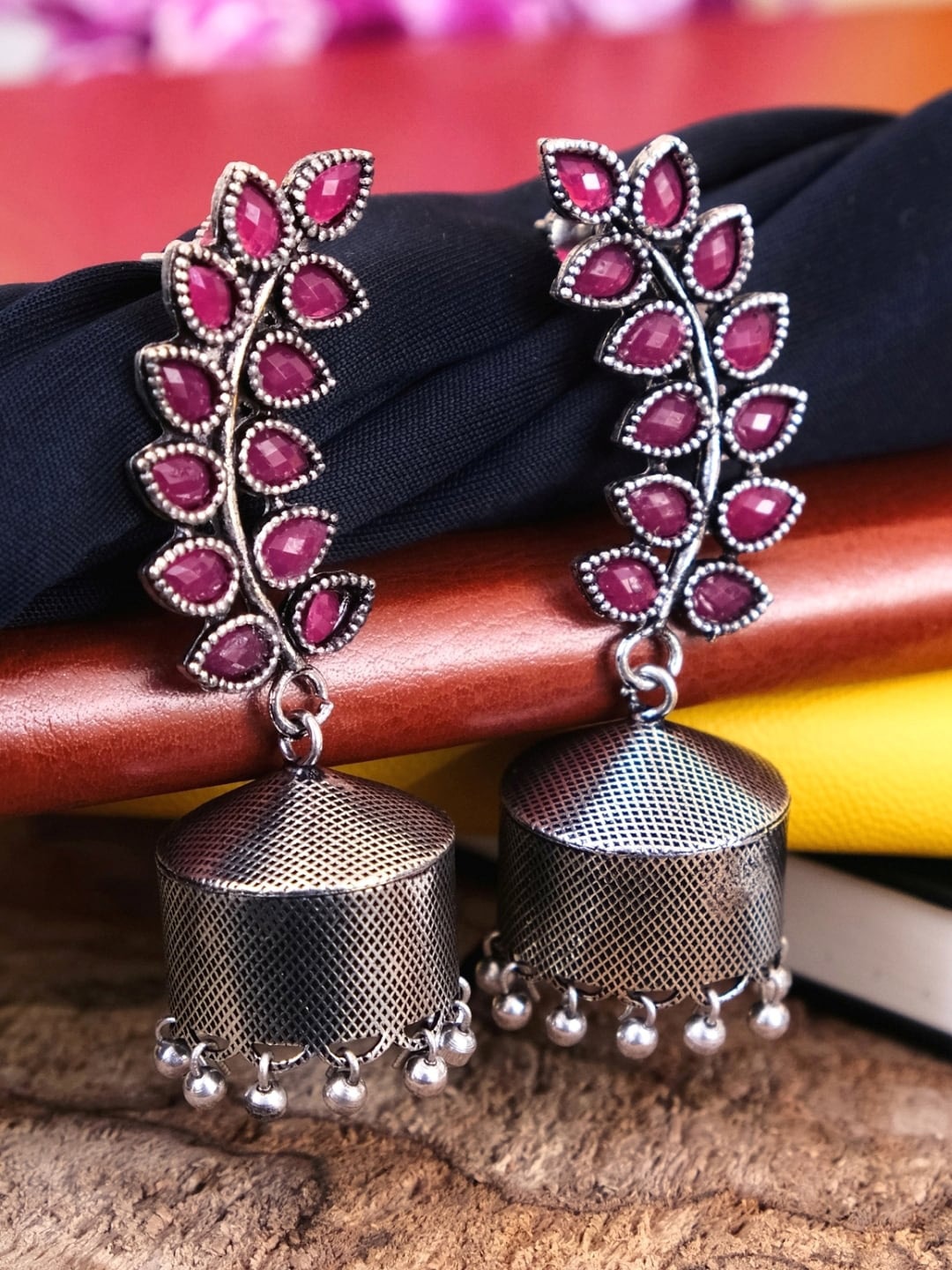 

Crunchy Fashion Pink Silver-Plated Studded Handcrafted Dome Shaped Jhumkas