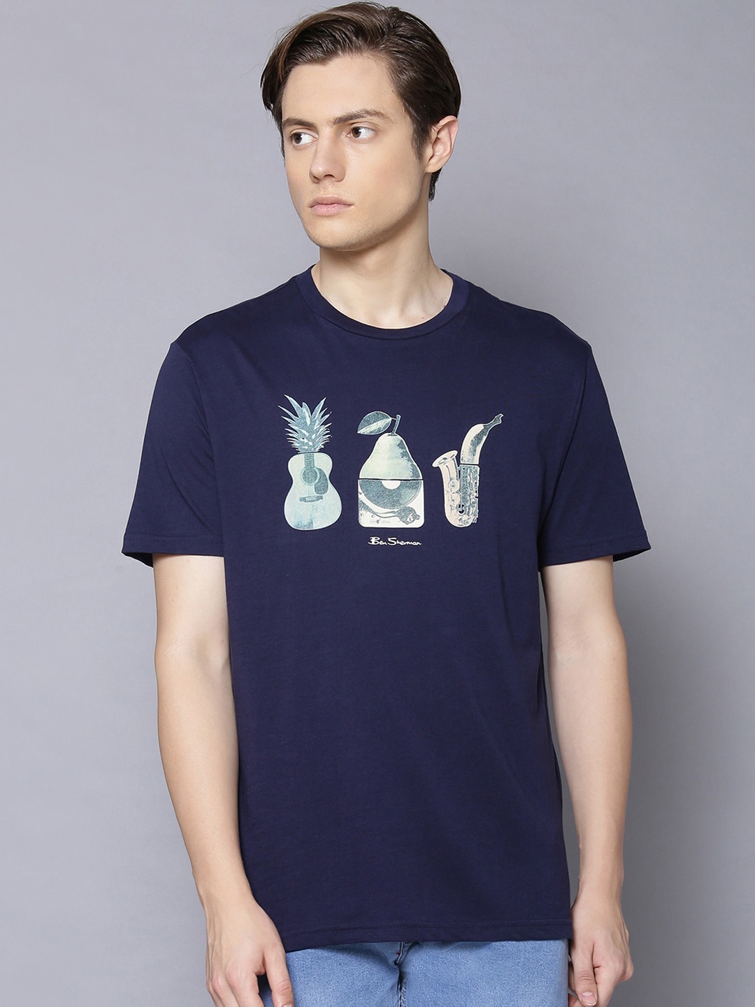 

BEN SHERMAN Men Navy Blue & White Printed Round Neck T-shirt
