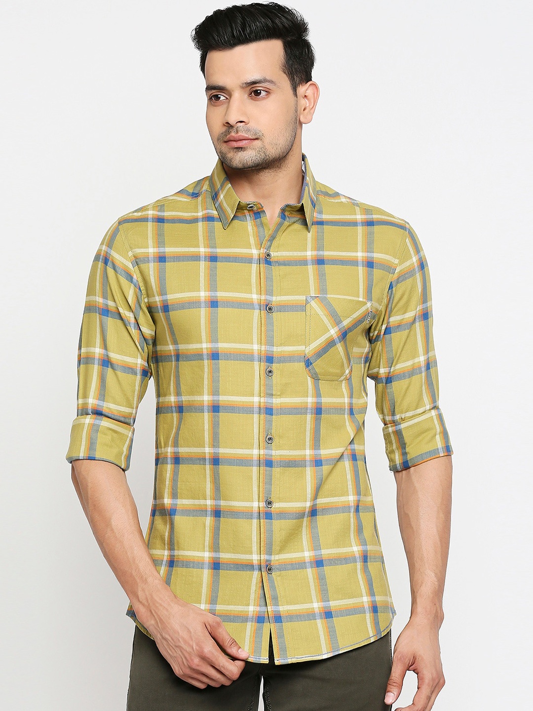 

Mufti Men Green & Blue Slim Fit Checked Casual Shirt