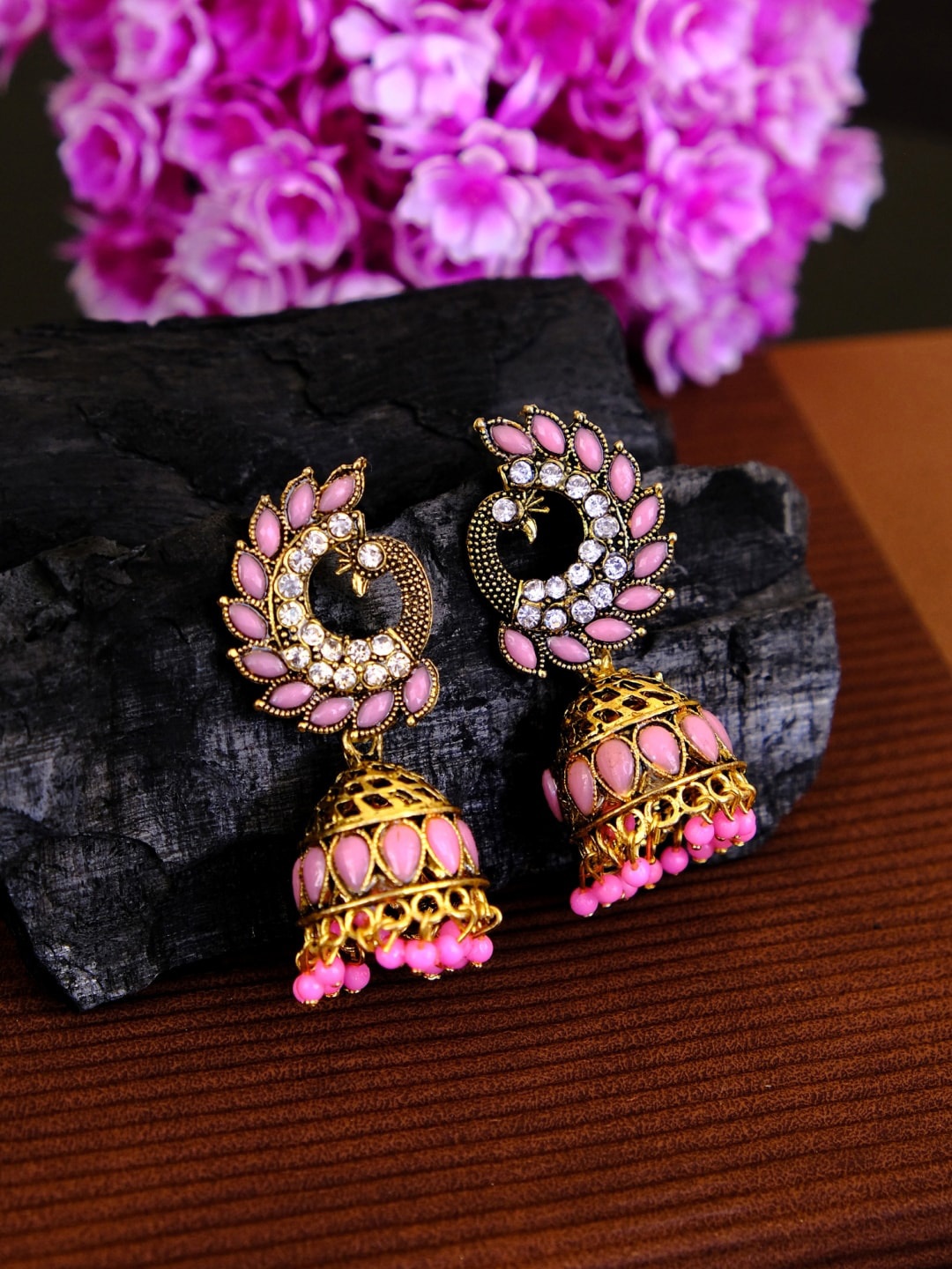 

Crunchy Fashion Pink Gold-Plated Studded & Beaded Handcrafted Jhumkas