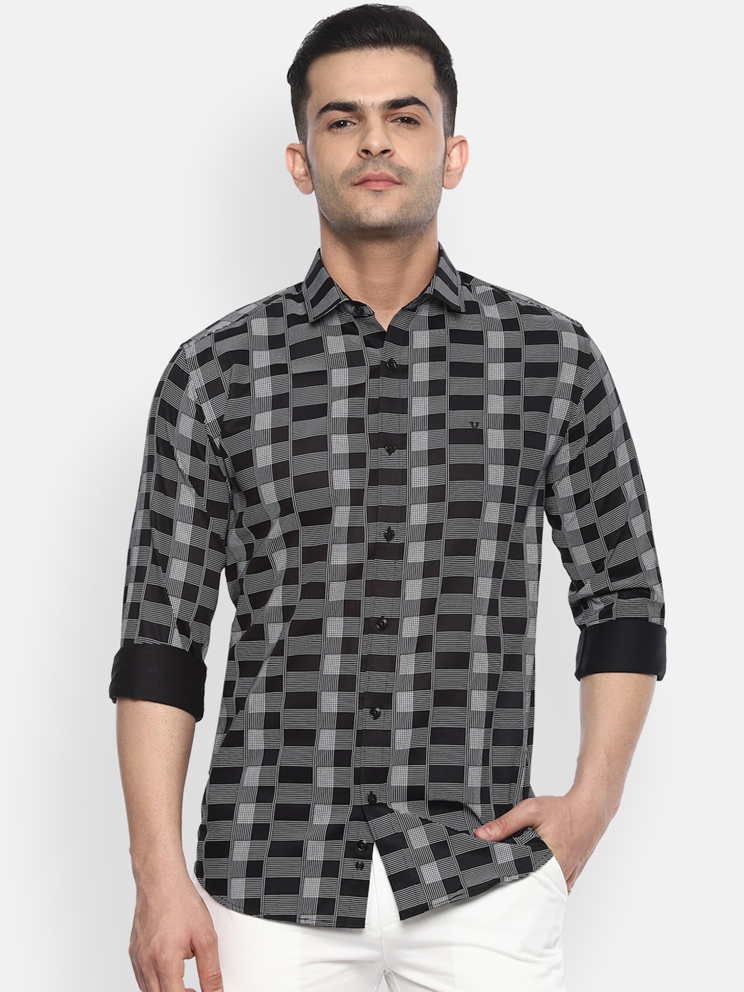 

V Dot Men Black & Grey Cotton Slim Fit Printed Casual Shirt