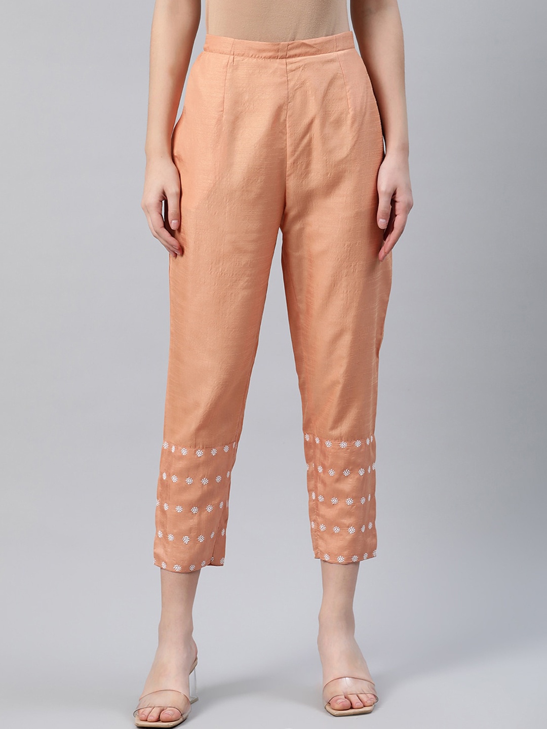 

Libas Women Orange Slim Fit Embroidered Cigarette Trousers