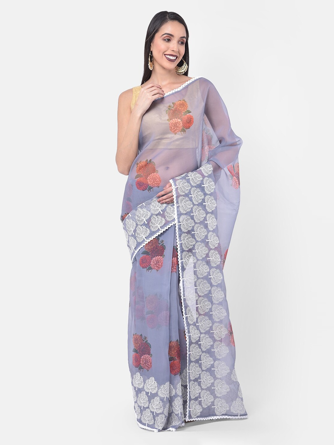 

Neerus Grey & Pink Organza Printed Saree