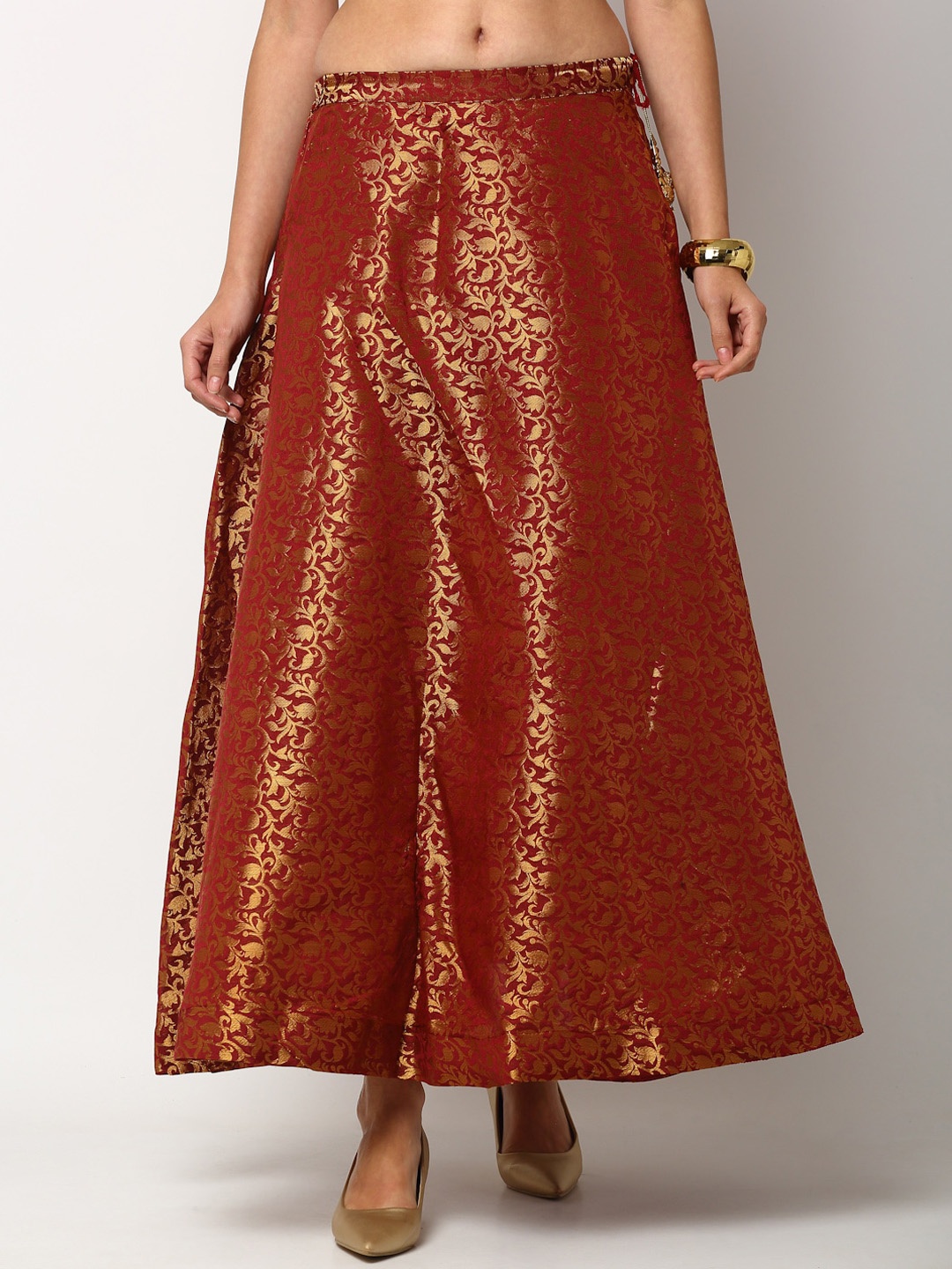 

Miaz Lifestyle Women Maroon & Golden Self-Design Flared Maxi Skirt