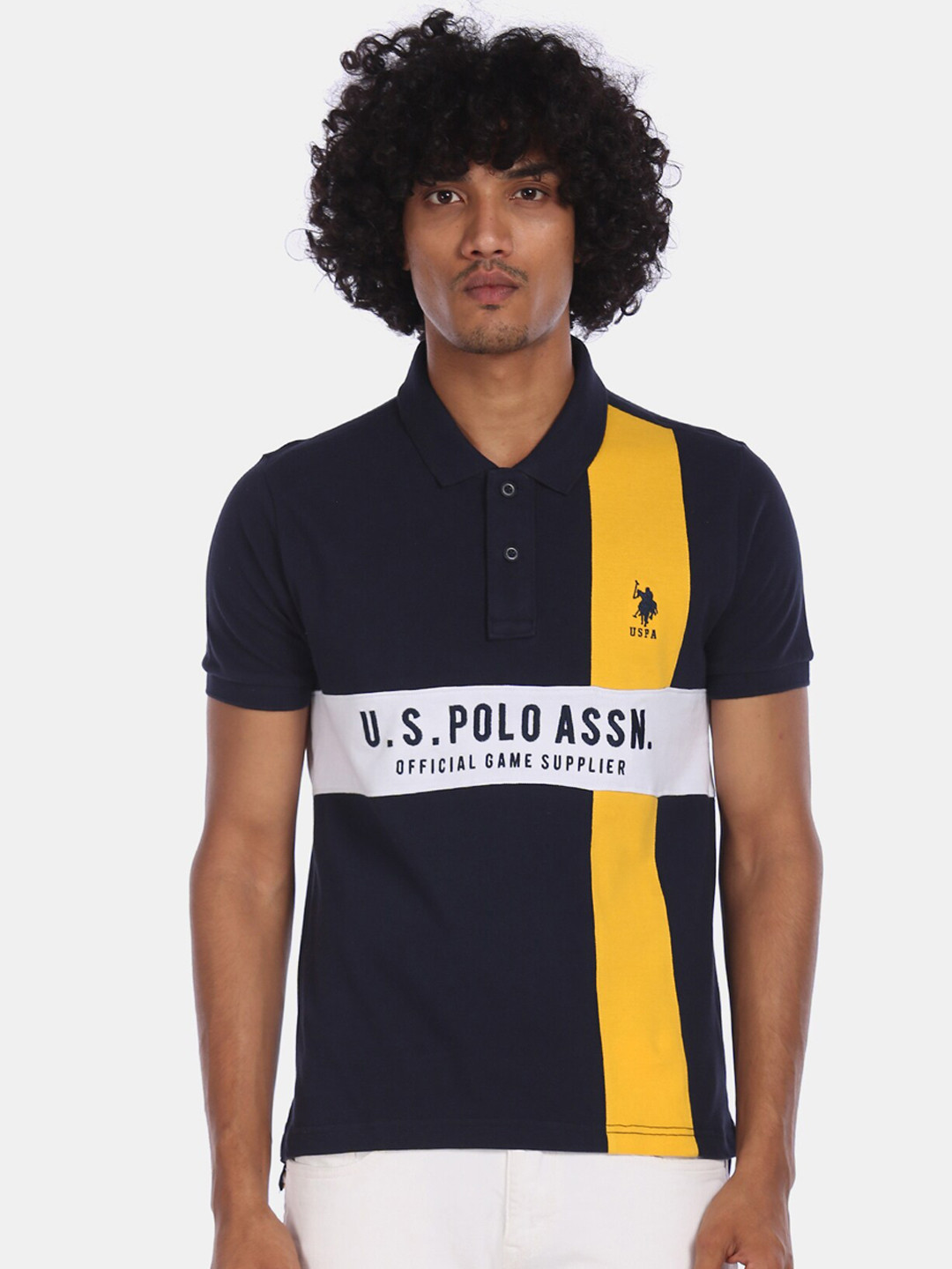

U.S. Polo Assn. Men Navy Blue Colourblocked Polo Collar T-shirt