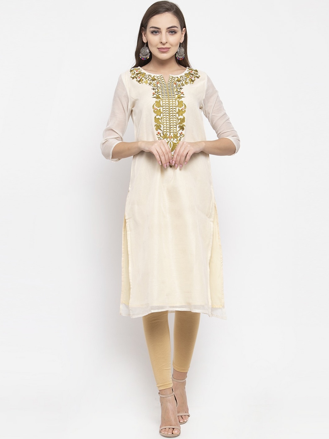 

Purple State Women Off-White & Beige Embroidered Kurta with Leggings