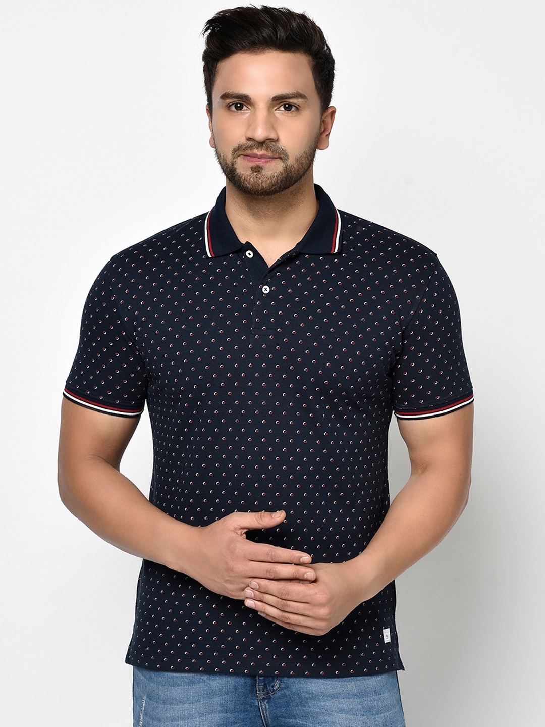 

Octave Men Navy Blue Printed Polo Collar T-shirt