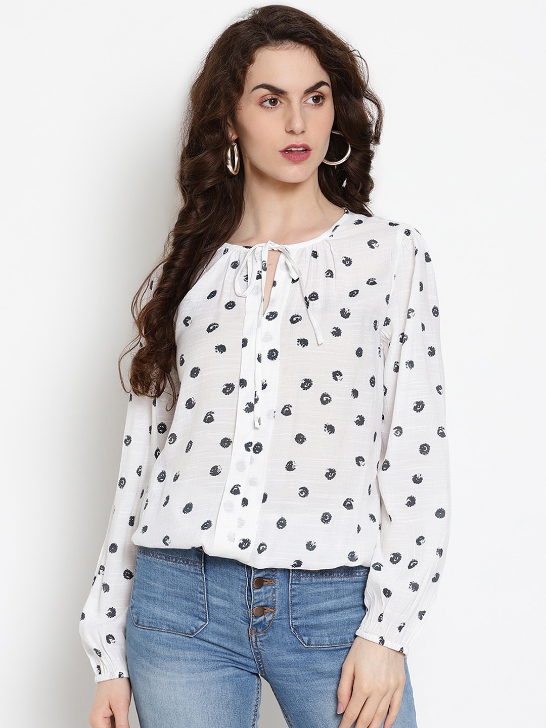 

VANCA ECO White Printed Tie-Up Neck Sustainable Regular Top