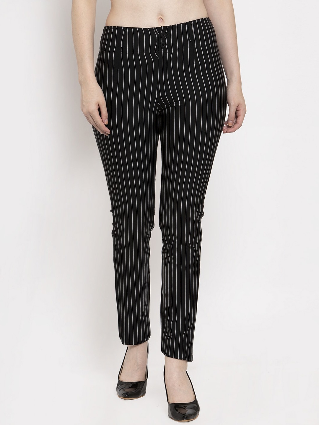 

Prag & Co Women Black & White Striped Cotton Treggings