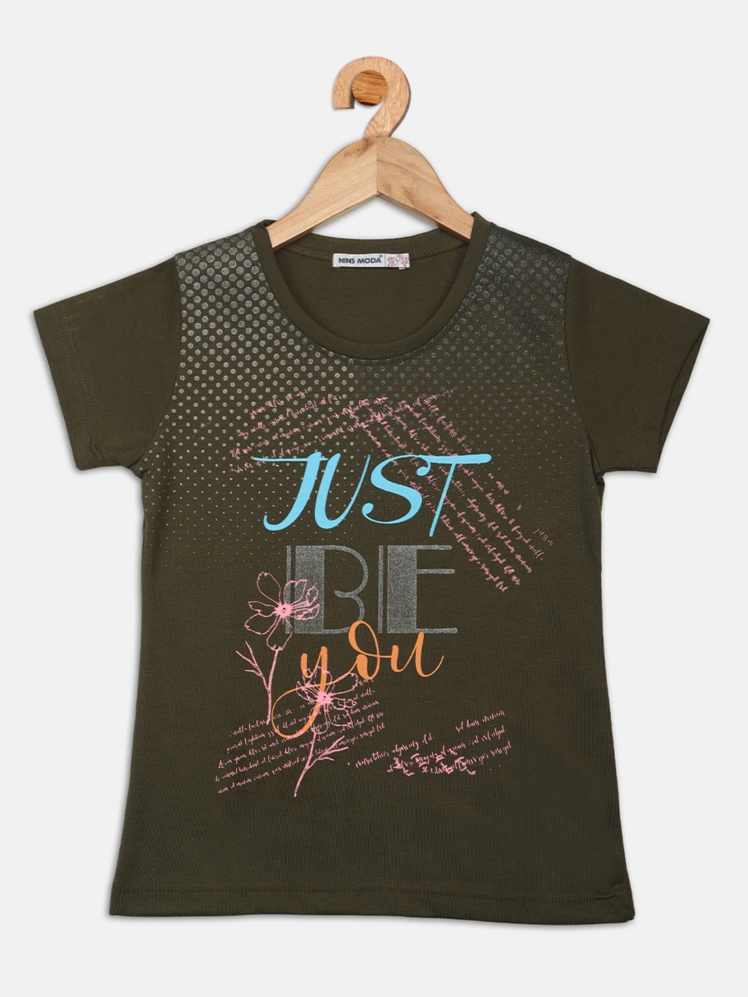 

Nins Moda Girls Olive Green Printed Round Neck T-shirt