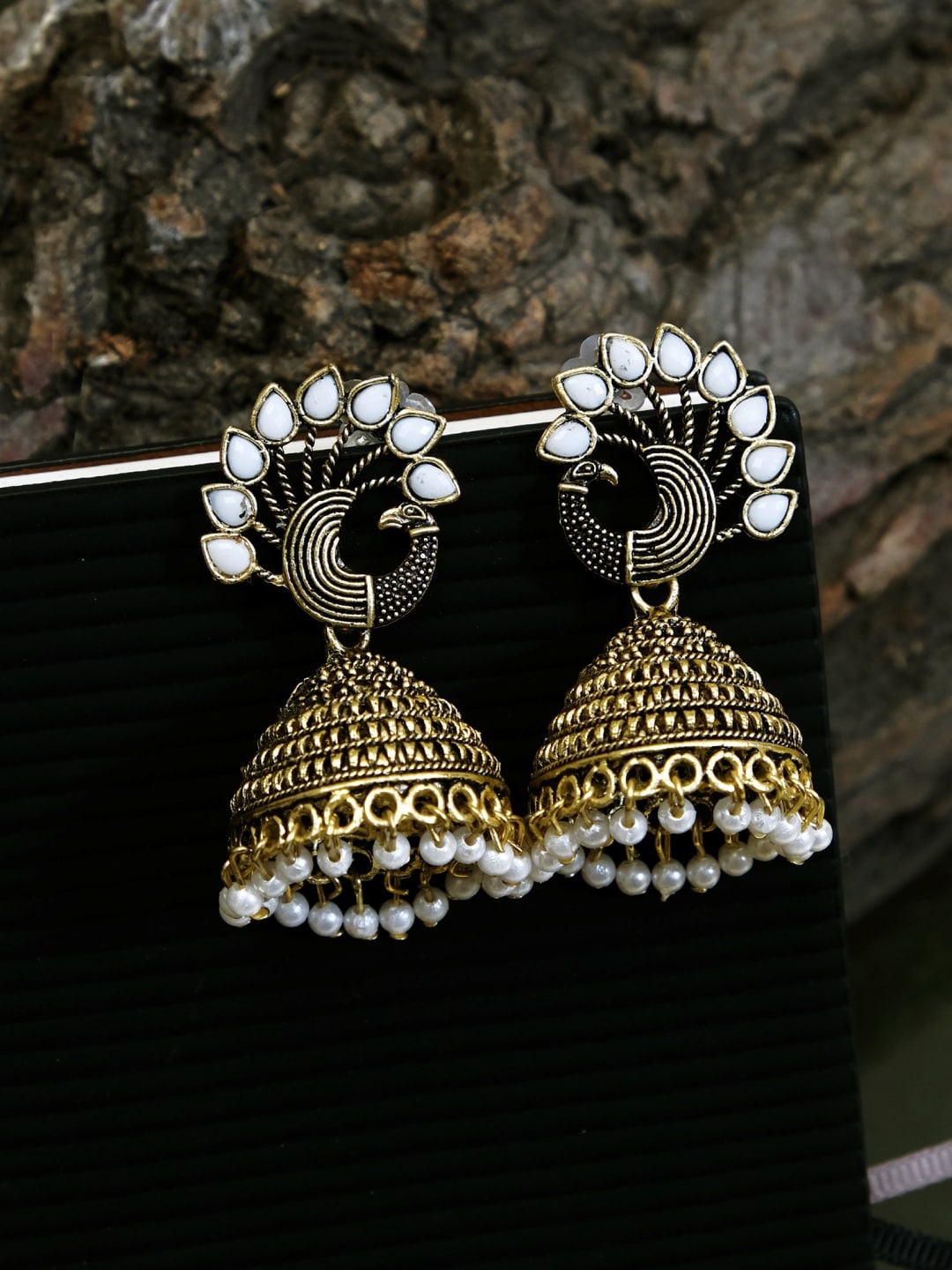 

Crunchy Fashion Gold-Toned Peacock Shaped Jhumkas