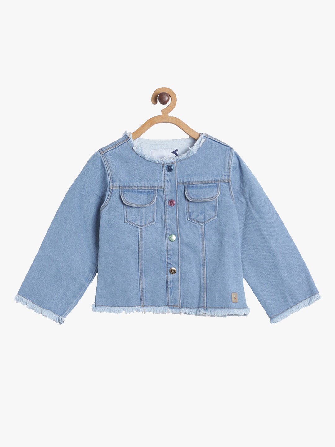 

TALES & STORIES Girls Blue Washed Denim Cotton Jacket with Frayed Hem