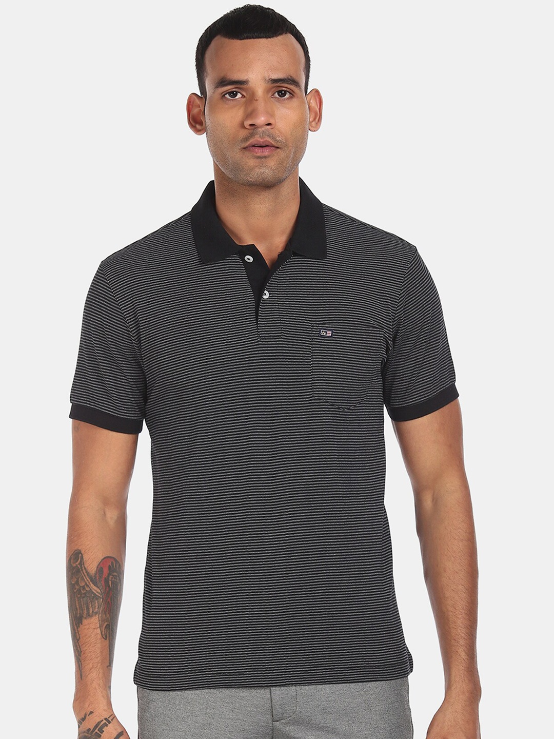 Arrow Sport Men Black & White Striped Polo Collar T-shirt