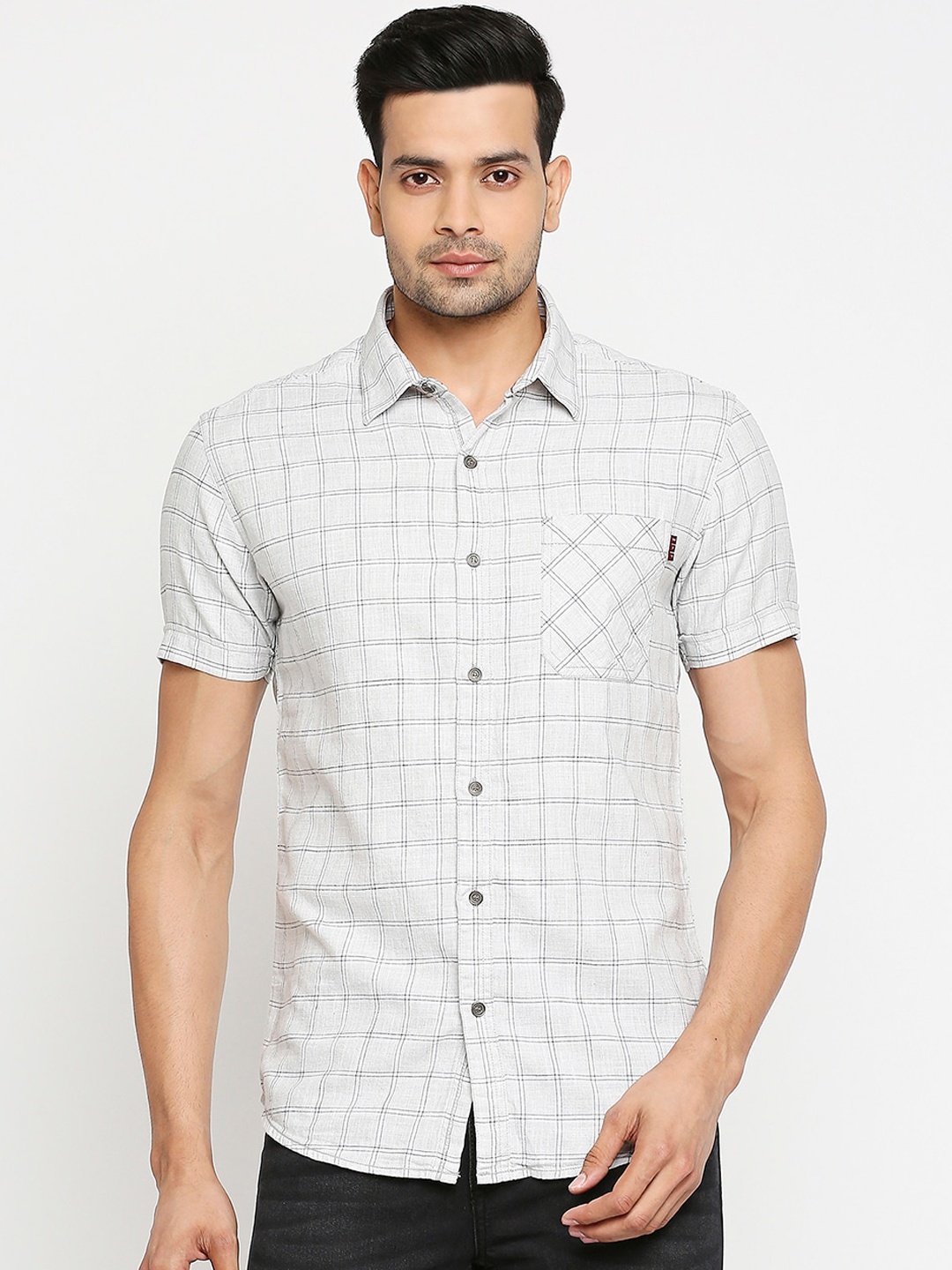 

Mufti Men Grey & Black Pure Cotton Slim Fit Checked Casual Shirt