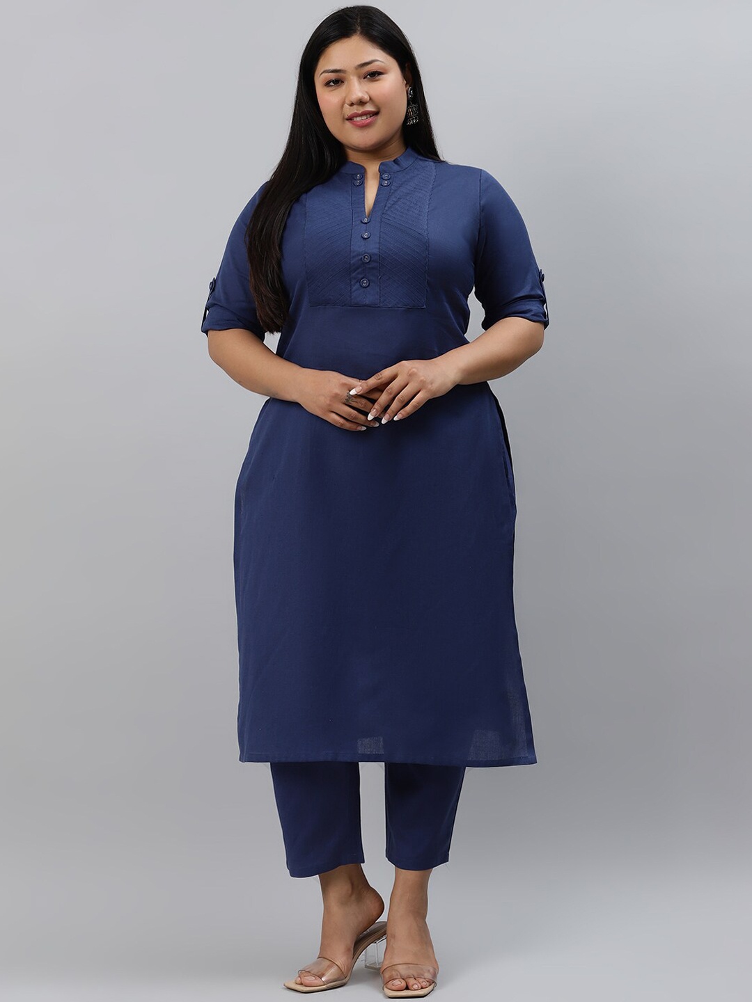 

EXTRA LOVE BY LIBAS Women Plus Size Navy Blue Cotton Solid Straight Kurta