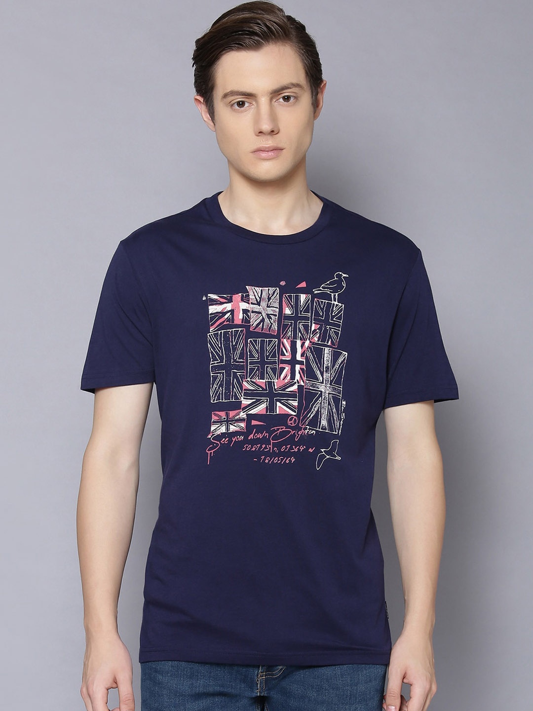 

BEN SHERMAN Men Navy Blue Printed Round Neck Organic Cotton T-shirt