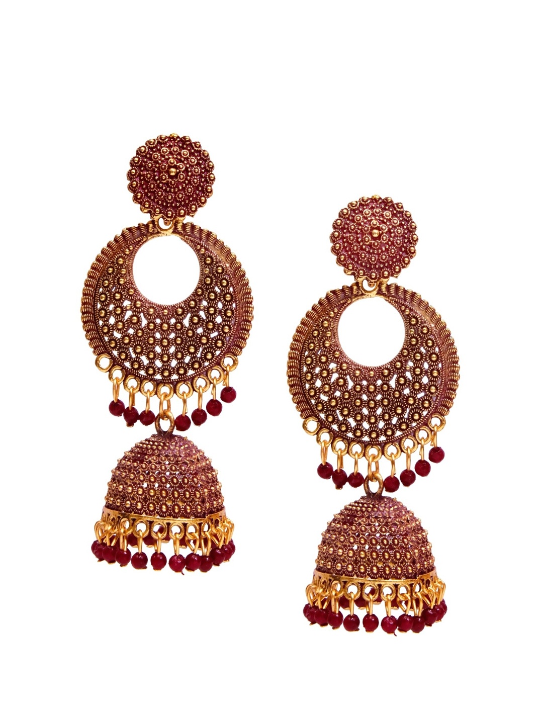 

Crunchy Fashion Maroon & Gold-Toned Contemporary Jhumkas