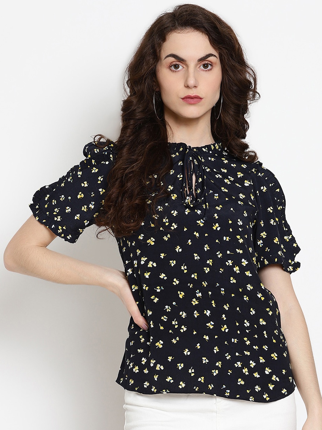 

VANCA ECO Black & Yellow Floral Printed Tie-Up Neck Puff Sleeves Sustainable Regular Top