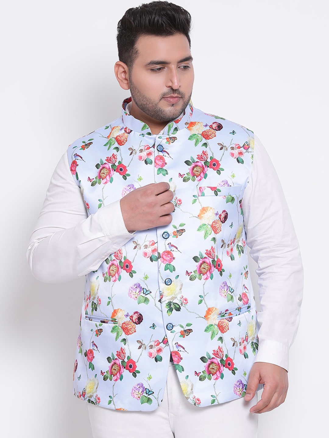 

Hangup Men Blue & Pink Floral-Printed Woven Nehru Jacket